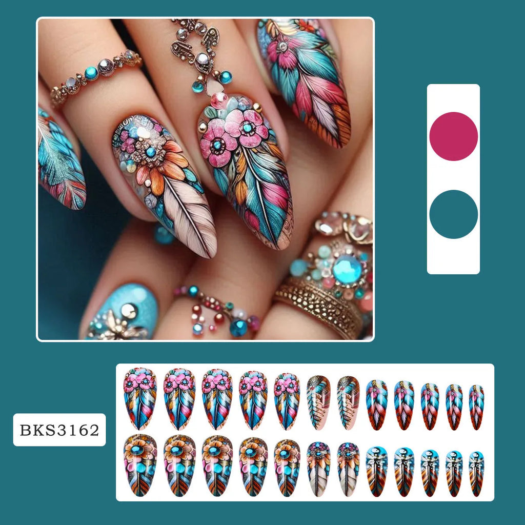 Colourful feather wear armor nail art set with jelly glue burnishing stick featuring retro designs