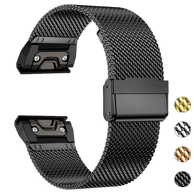 Garmin Fenix stainless steel card strap in silver, black, gold and rose gold colours for 20mm 22mm 26mm watch widths