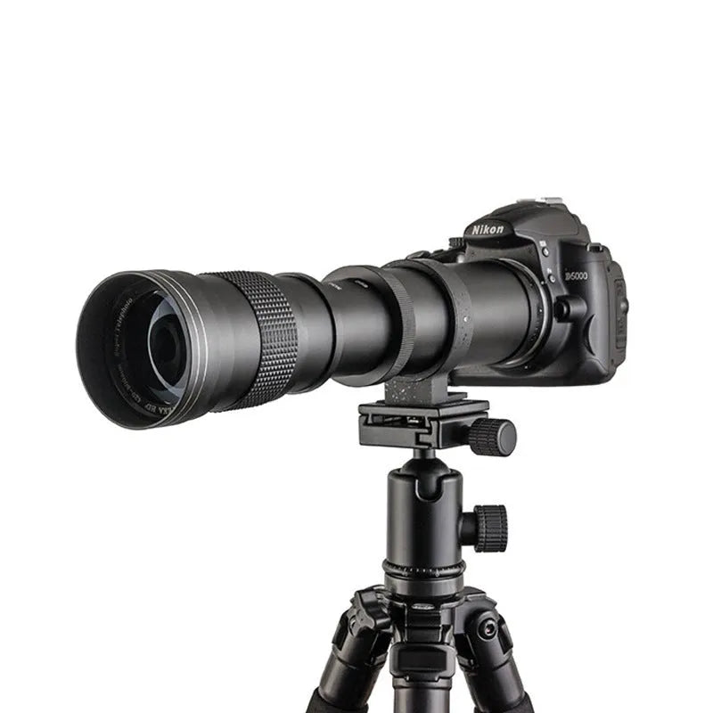 420-800mm manual telephoto zoom camera lens with T-mount adapter, shown at full extension.