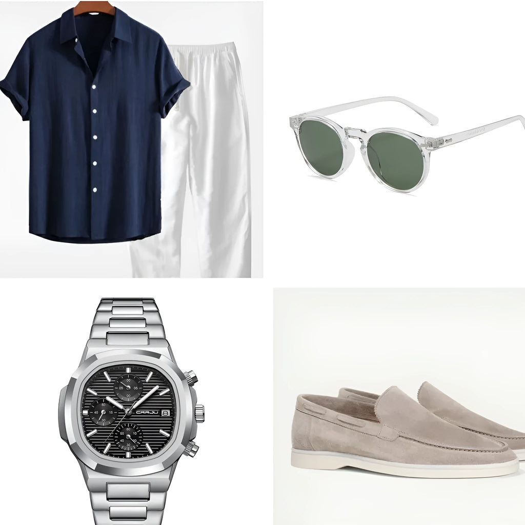 Casual loose fit short sleeve suit set in cotton linen blend, shown in navy blue colour with included glasses, shoes, and watch.