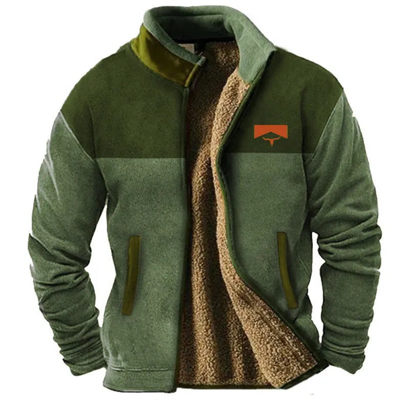 Men's green polyester fleece padded coat with a regular fit on a hanger.