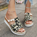 Beige leopard print wedge platform sandals with fish mouth toe opening on a white background.