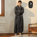 Thick flannel couple's bathrobe in winter colours like navy blue and silver gray, shown in plus sizes.
