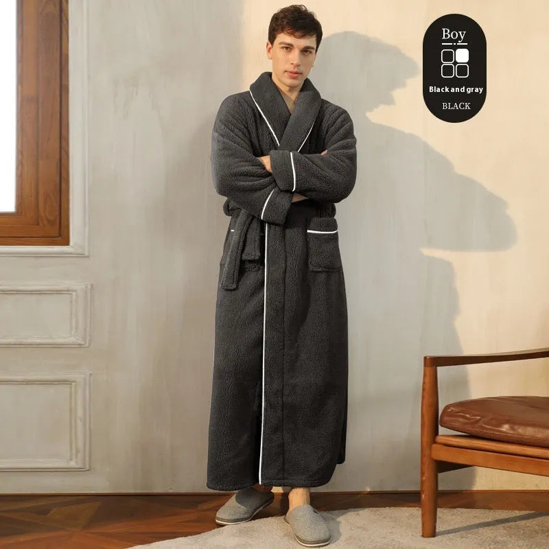 Thick flannel couple's bathrobe in winter colours like navy blue and silver gray, shown in plus sizes.