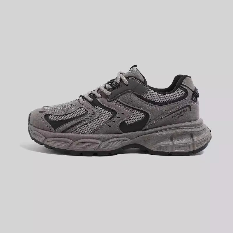 Spring versatile platform casual sneaker in Black Silver, PU mesh and leather stitching, low top dad shoe with EVA sole