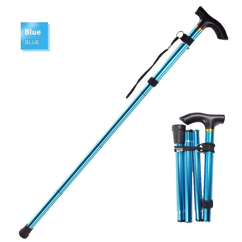 Adjustable aluminium folding walking cane in silver with non-slip rubber foot extended to full height