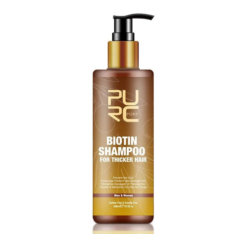 PURC Hair Care Ginger Biotin three-piece set with shampoo, conditioner and biotin essential oil on white background