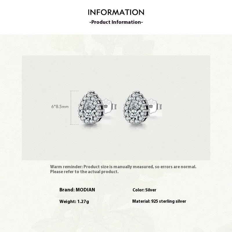 Women's silver drop ear studs with diamond finish on 925 sterling silver