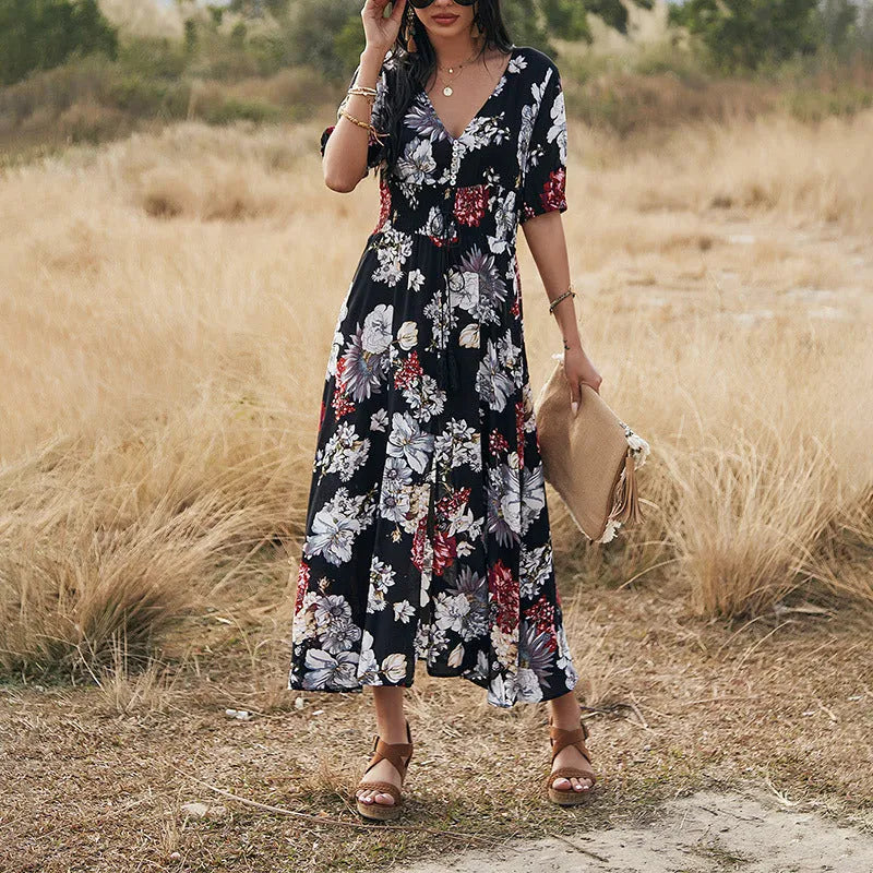 Floral print summer beach dress for women with V-neck and elastic high waist
