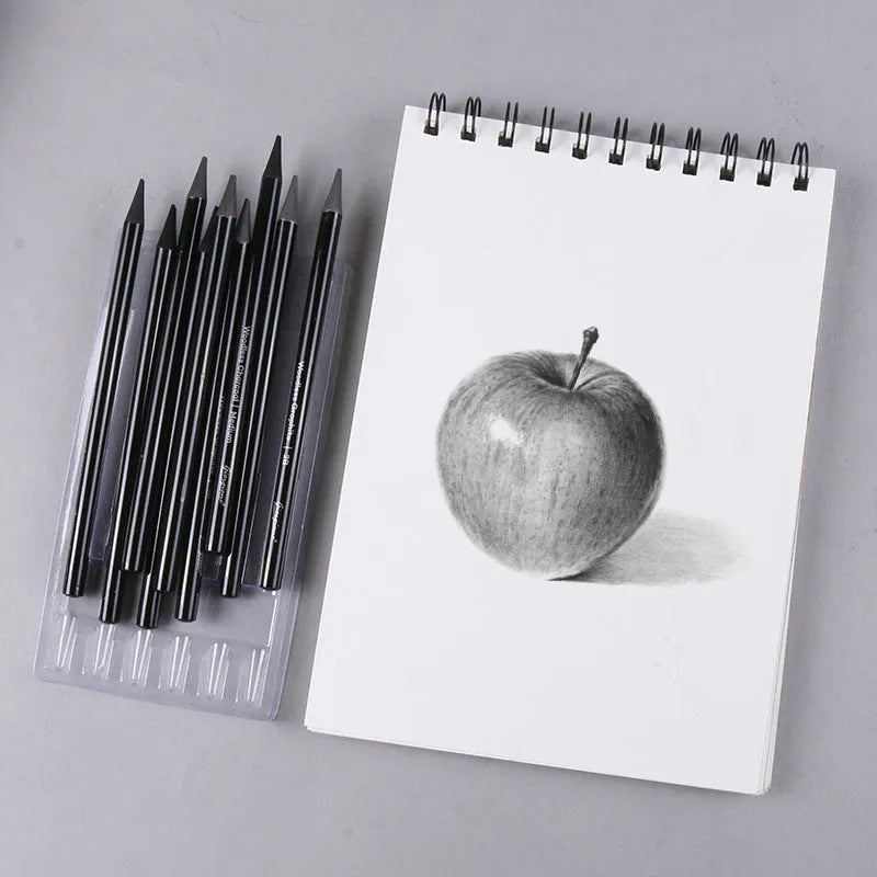 Set of nine graphite and carbonised wooden drawing pencils displayed on a suction card packaging.