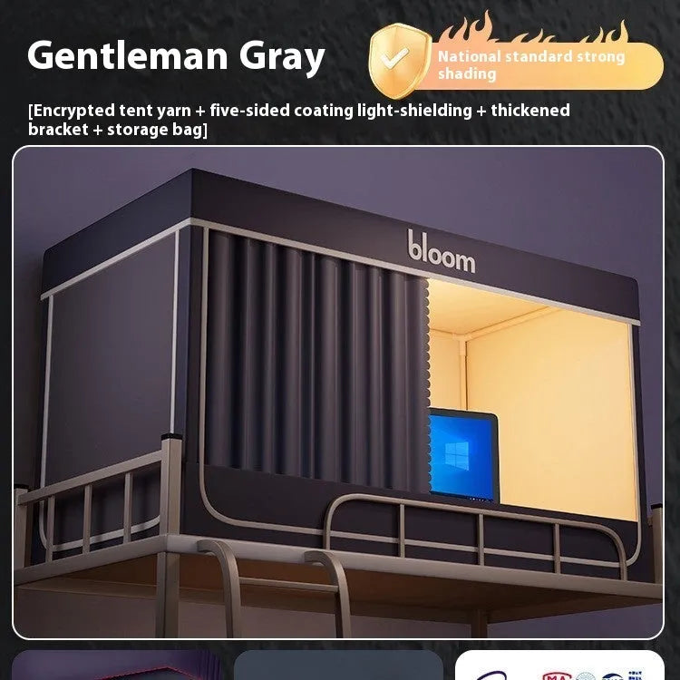 Grey integrated bed curtains with mosquito net showing five-side light blocking design for 0.9 metre beds