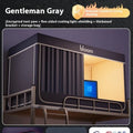 Grey integrated bed curtains with mosquito net showing five-side light blocking design for 0.9 metre beds