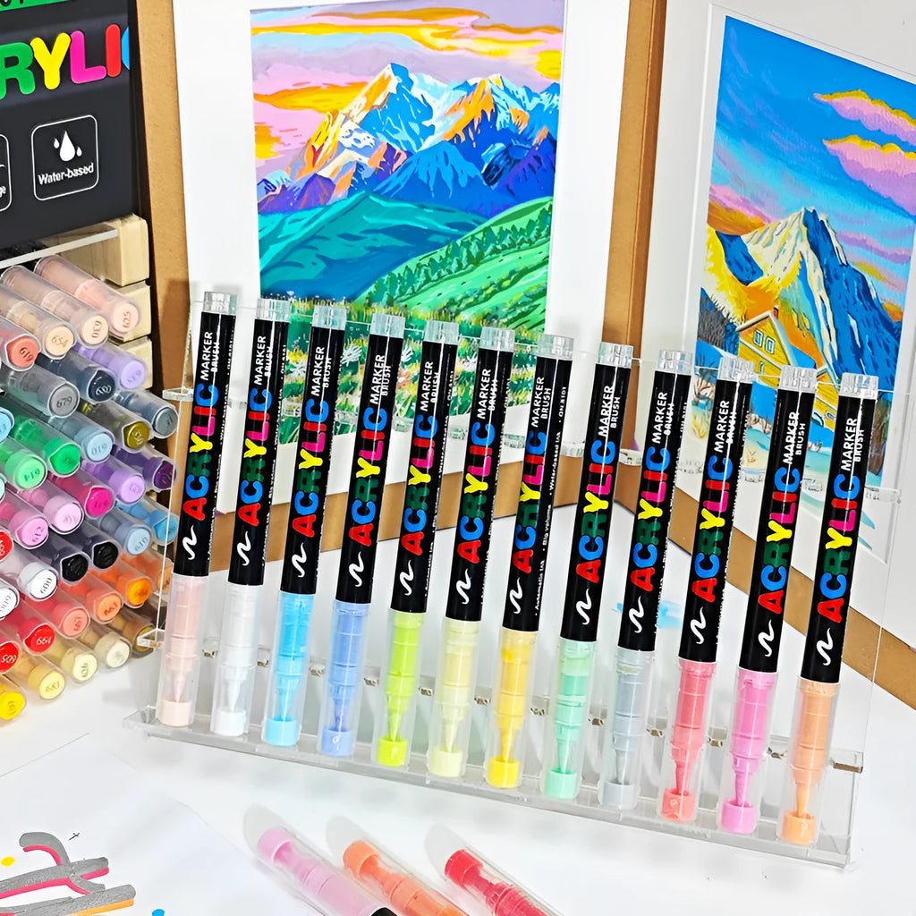 Set of straight liquid acrylic marker pens with soft head tips in various colours for art and graffiti