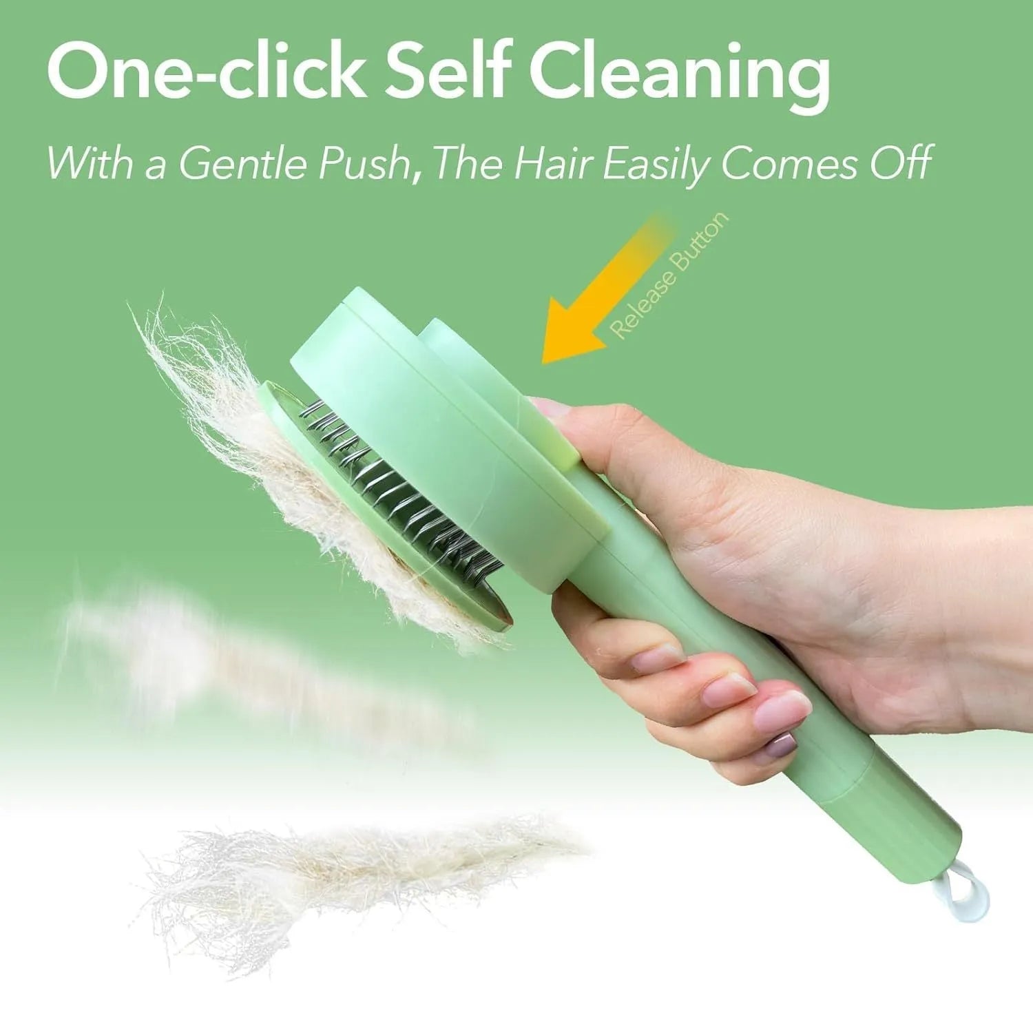 Green and yellow pet grooming brush with stainless steel teeth for cats and dogs