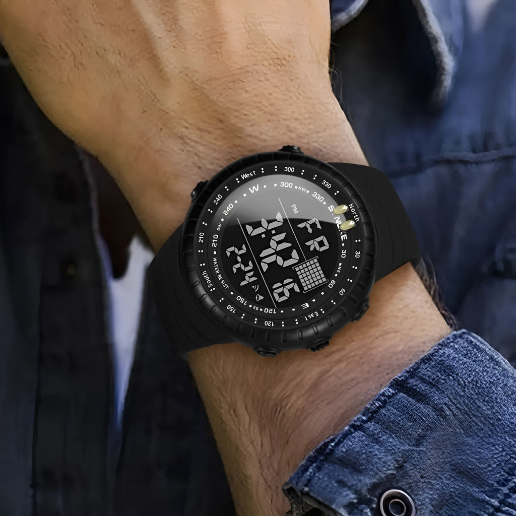 Black men's waterproof outdoor electronic watch with 54.74mm plastic case and WR50M rating