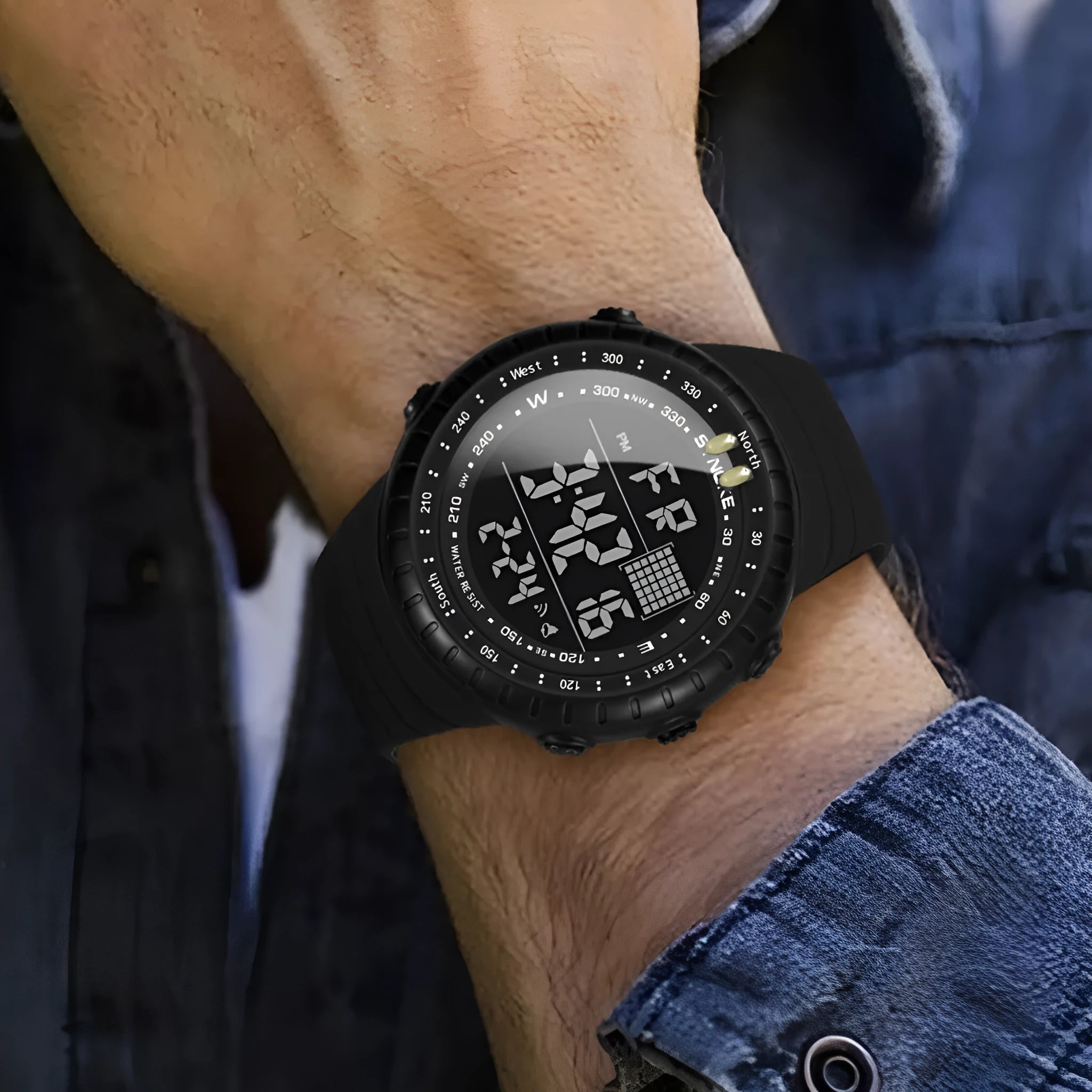 Black men's waterproof outdoor electronic watch with 54.74mm plastic case and WR50M rating