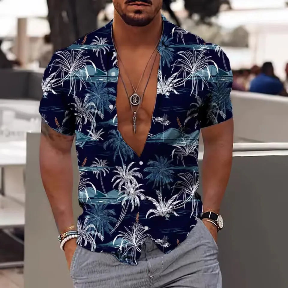 Man wearing a loose-fitting short sleeve shirt with a floral digital print pattern.