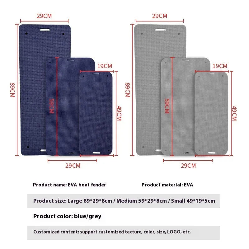 Blue and grey EVA foam ship fenders showing two size options for marine anti-collision protection