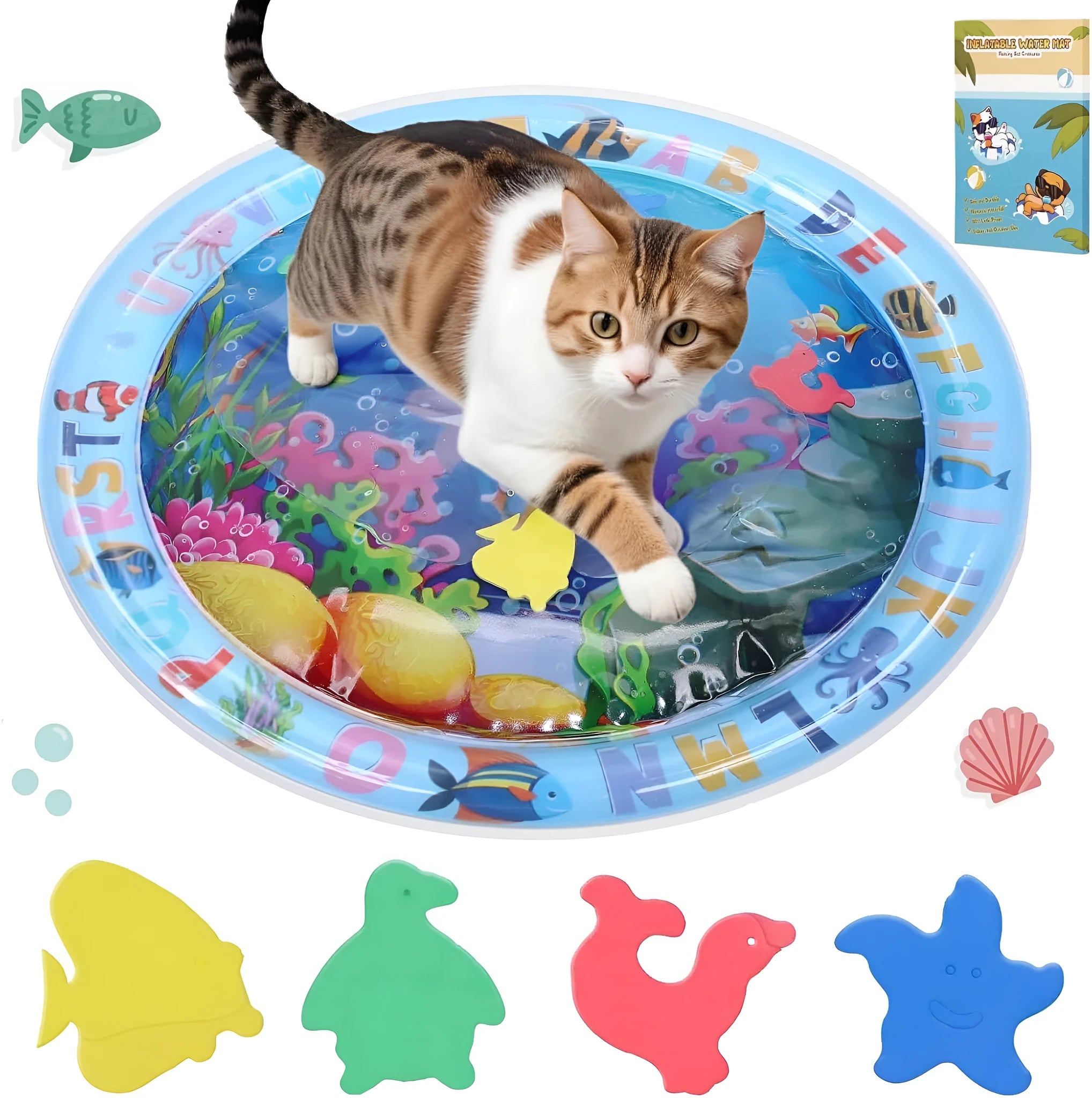 A square, blue water sensory playmat for cats on a floor, showing floating fish toys inside the clear water-filled centre.