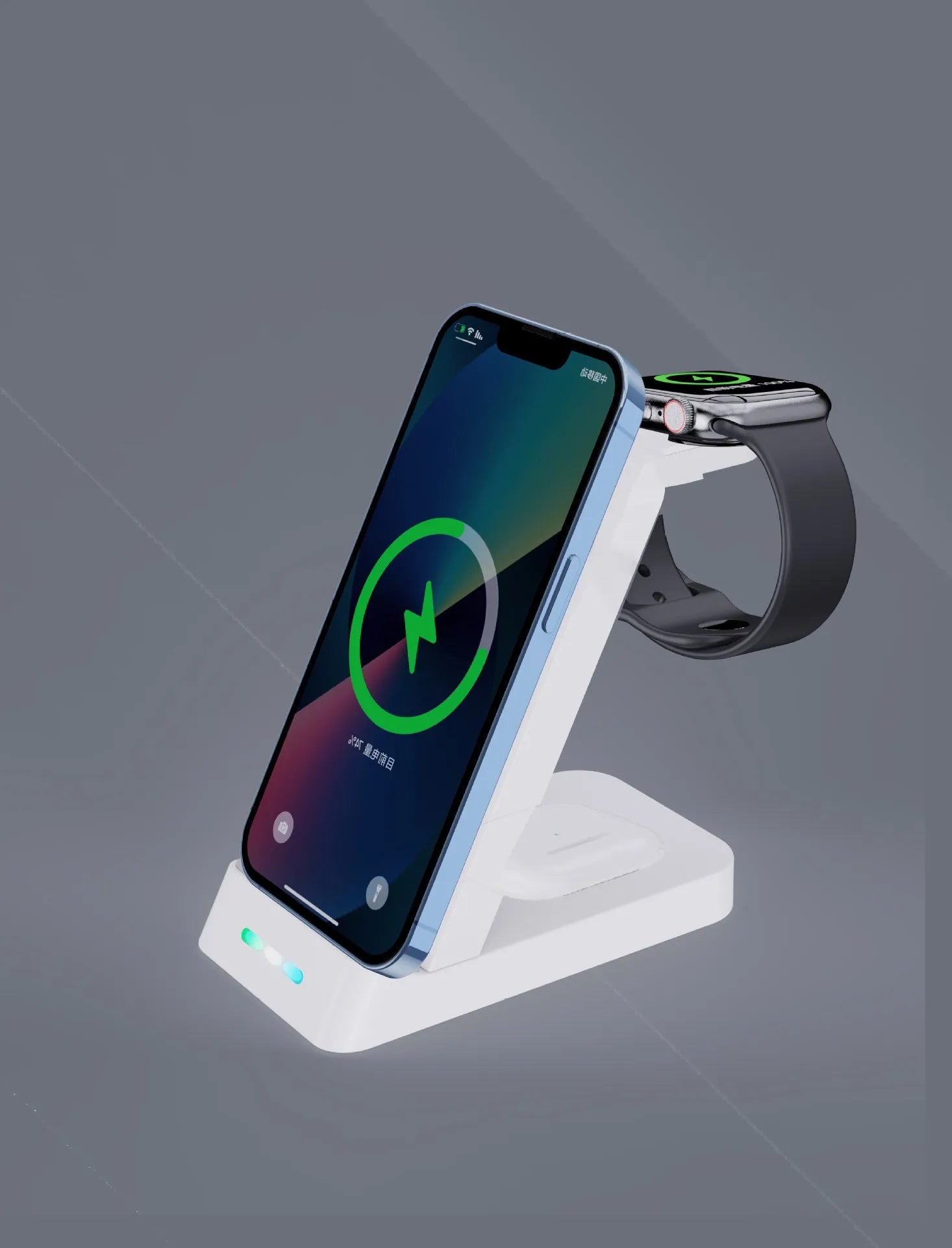 Black 3-in-1 wireless charging station showing phone on stand, with watch and AirPods charging on the base.