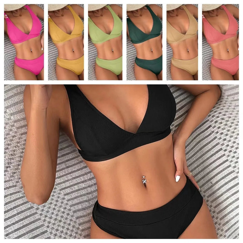 Women's bikini lace-up split swimsuit in black with ribbed texture and backless style