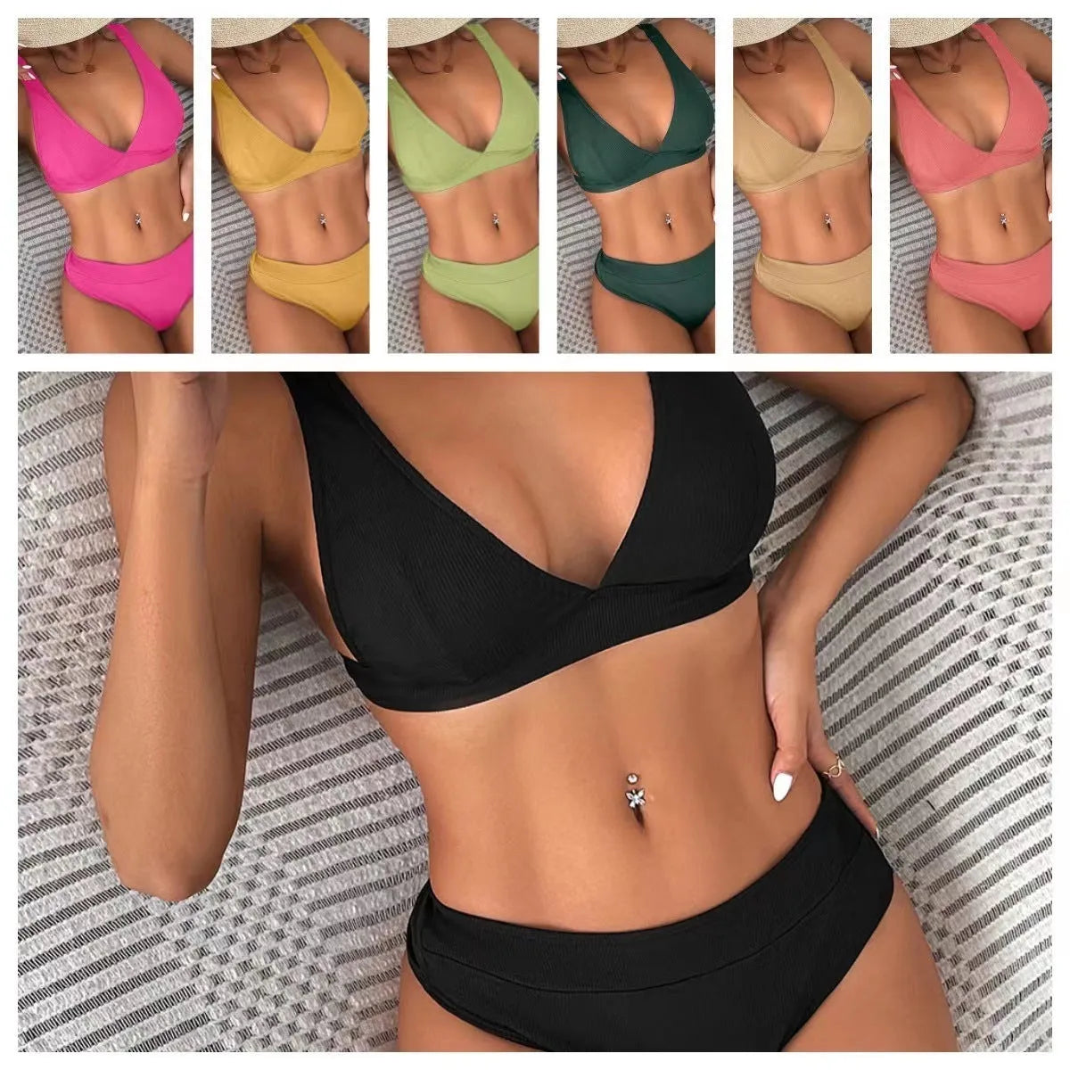 Women's bikini lace-up split swimsuit in black with ribbed texture and backless style
