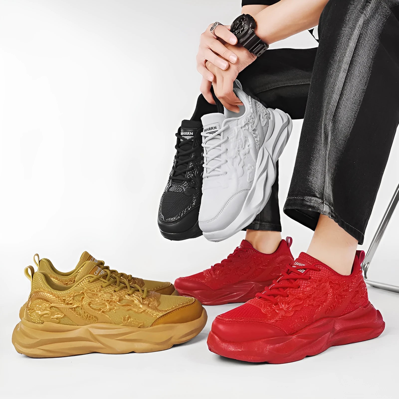 Chinese Loong casual fly knit sneakers in dragon pattern with rubber sole
