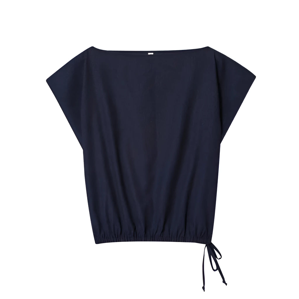 Women's linen style two-piece set with flounced sleeve shirt and wide leg trousers