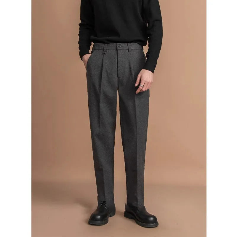 Men's straight leg polyester trousers in black, brown, dark grey and khaki colours