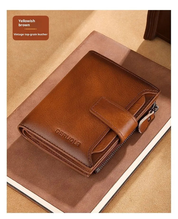 Men's multifunctional zipper small wallet in cowhide leather, large capacity, multiple card slots, anti-theft, yellow brown colour