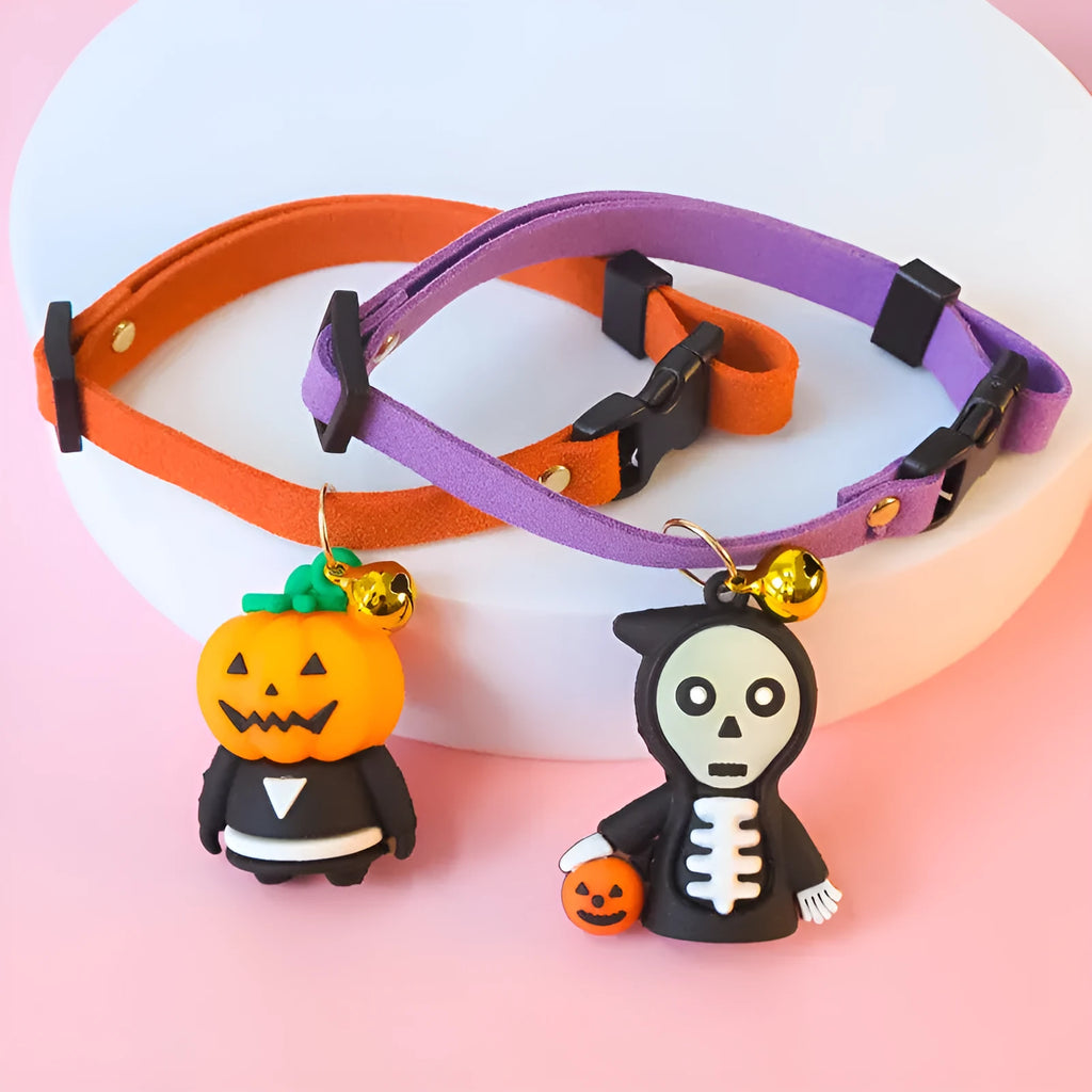 Halloween dog collar decoration with glow designs in pumpkin, brat, and skull patterns