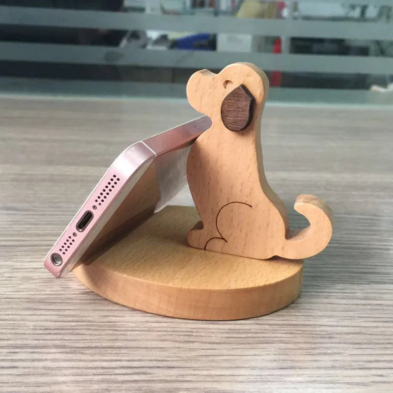 Creative resin mobile phone holder with beech wood base showing animal and character design options