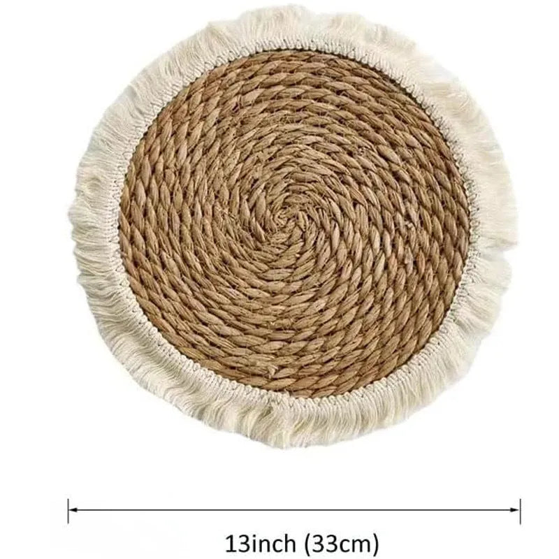 Round natural papyrus straw placemat with tassel detailing in 25cm, 30cm, 33cm, and 38cm sizes.