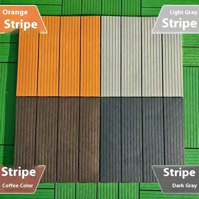Plastic interlocking floor tiles in wood grain finish showing non-slip surface and edge connection.