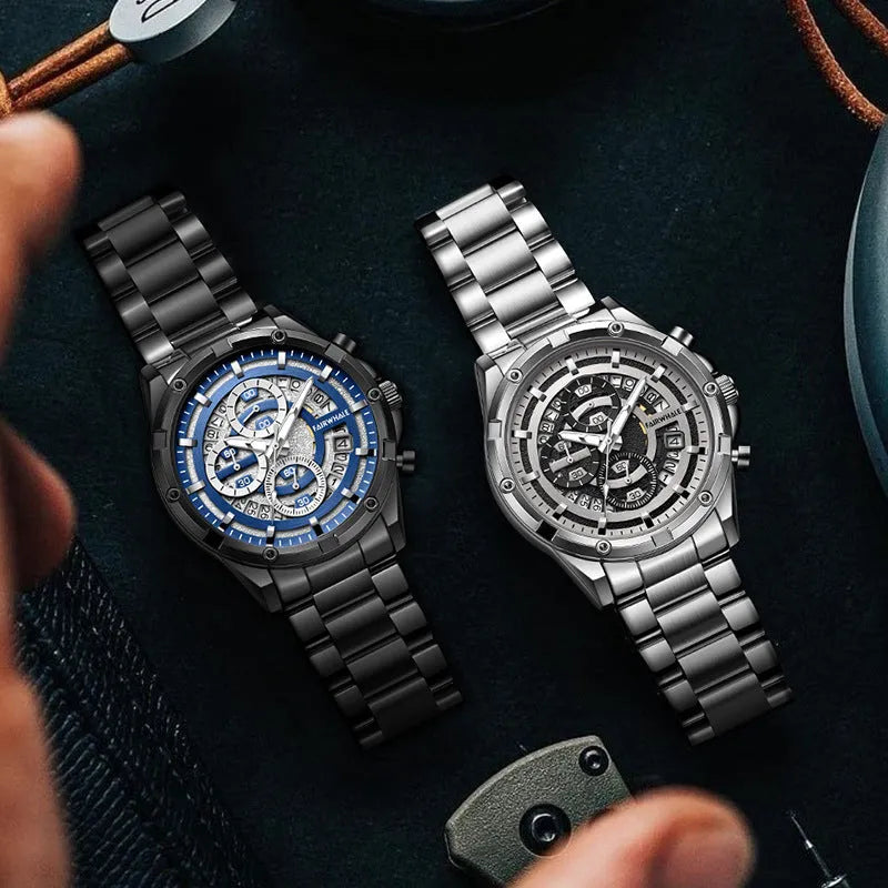 Men's waterproof quartz watch with luminous dial and stainless steel belt in casual style