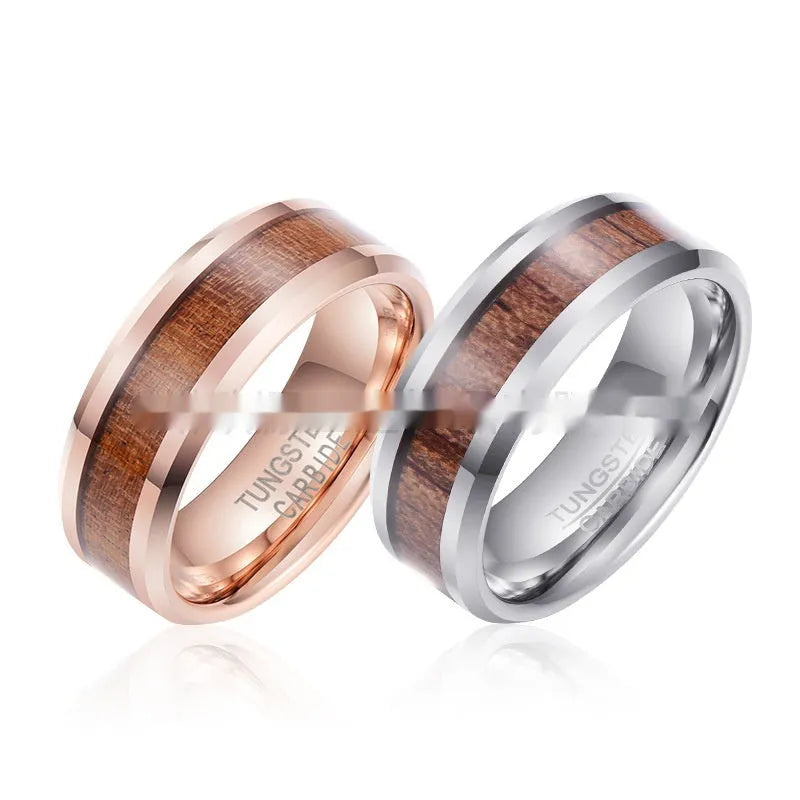 Men's tungsten carbide ring with leather inlay, showing rose gold and steel colour options in U-shape design.