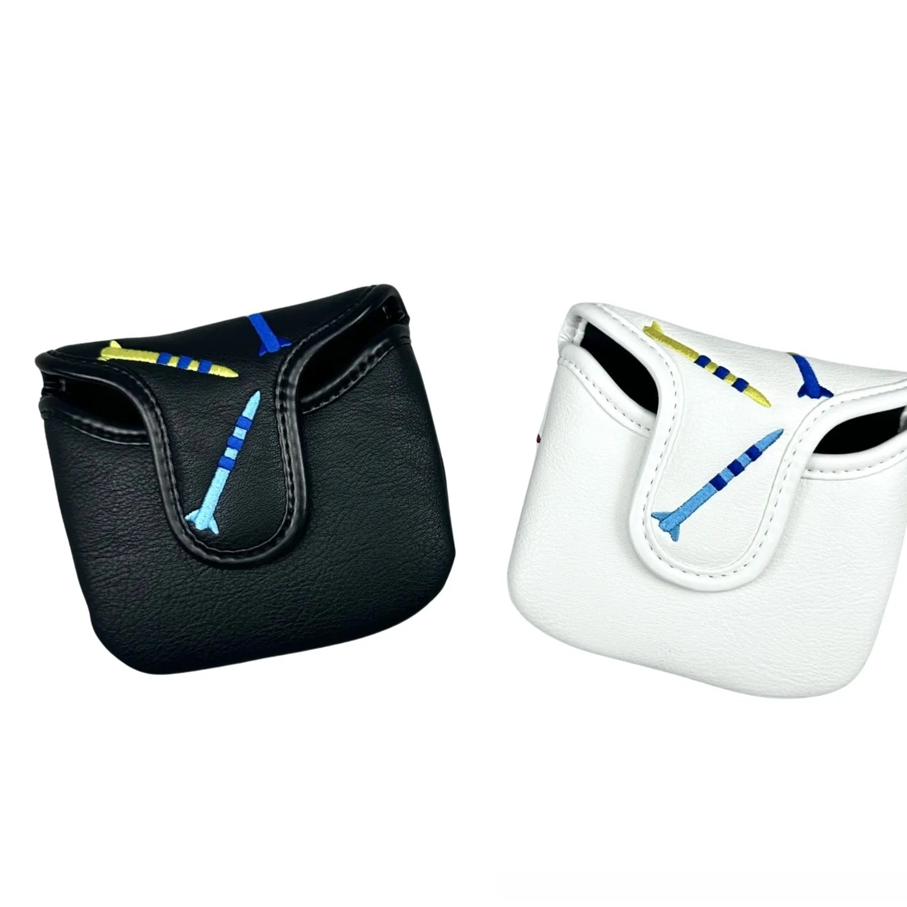 Square golf putter protective sleeve with rocket pattern in black or white PU leather