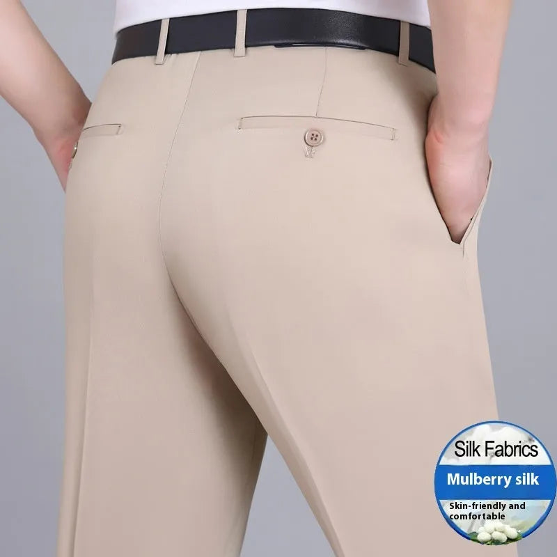 Men's straight leg non-iron business trousers in a mulberry silk blend fabric, shown in a dark blue colour.