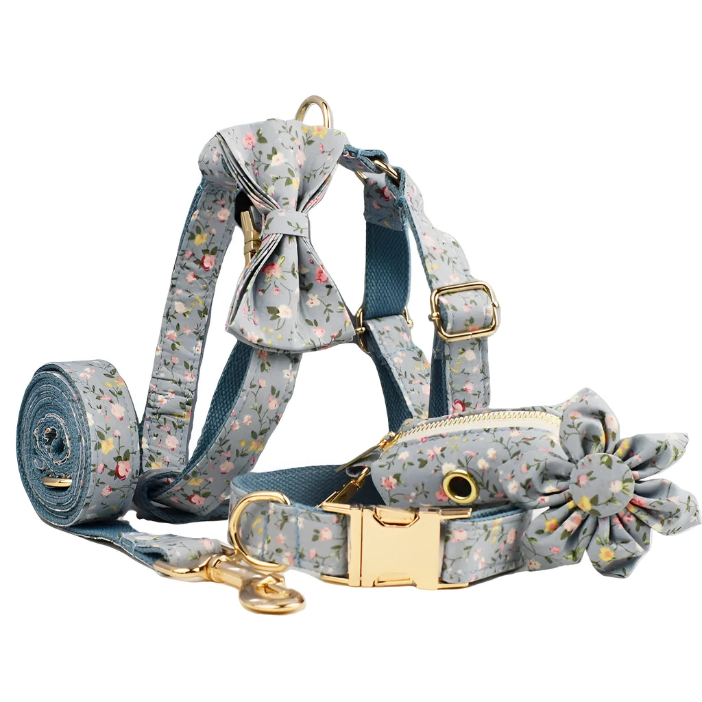 Floral pattern dog collar set with leash, vest, bow tie, and poop bag accessories in multiple sizes