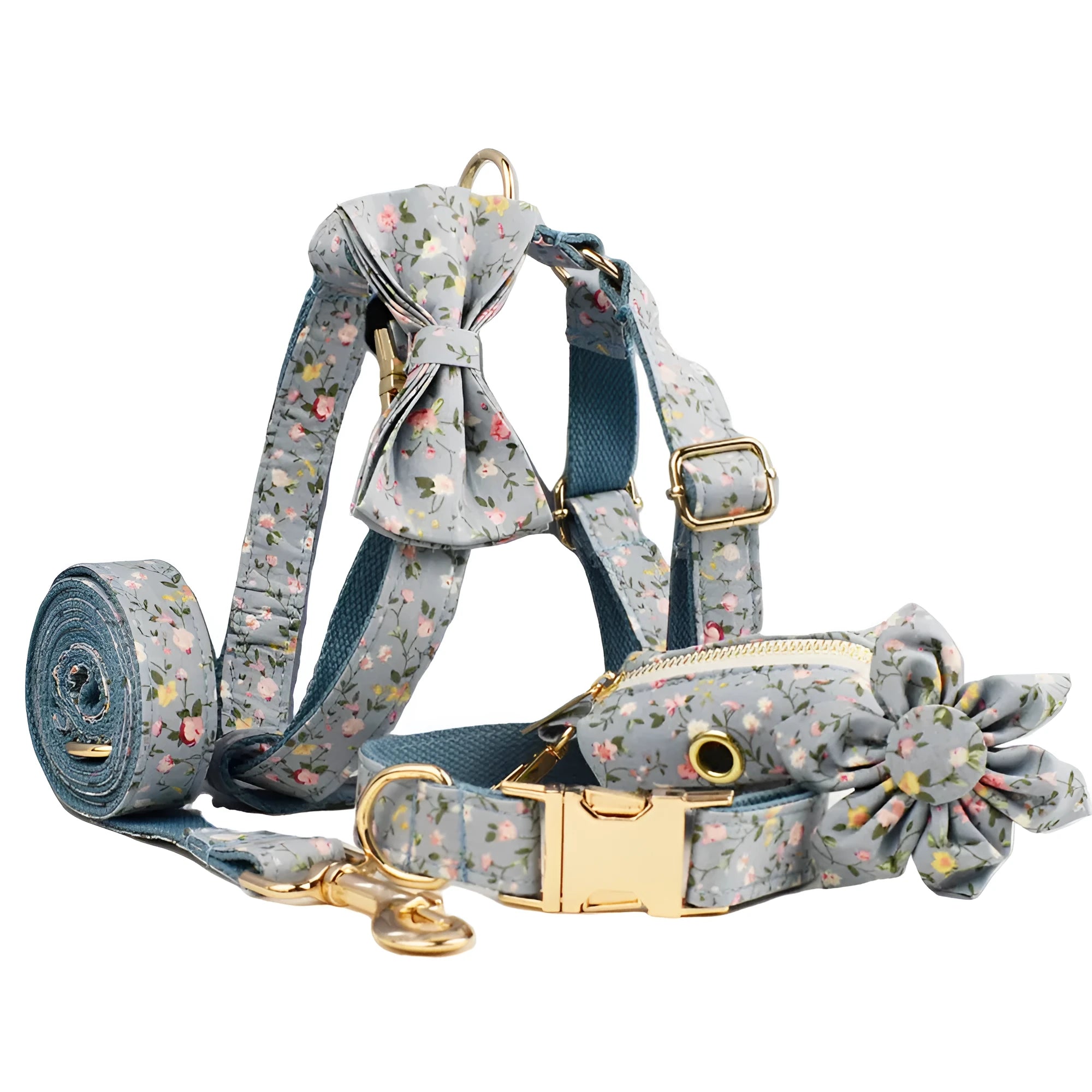 Floral pattern dog collar set with leash, vest, bow tie, and poop bag accessories in multiple sizes