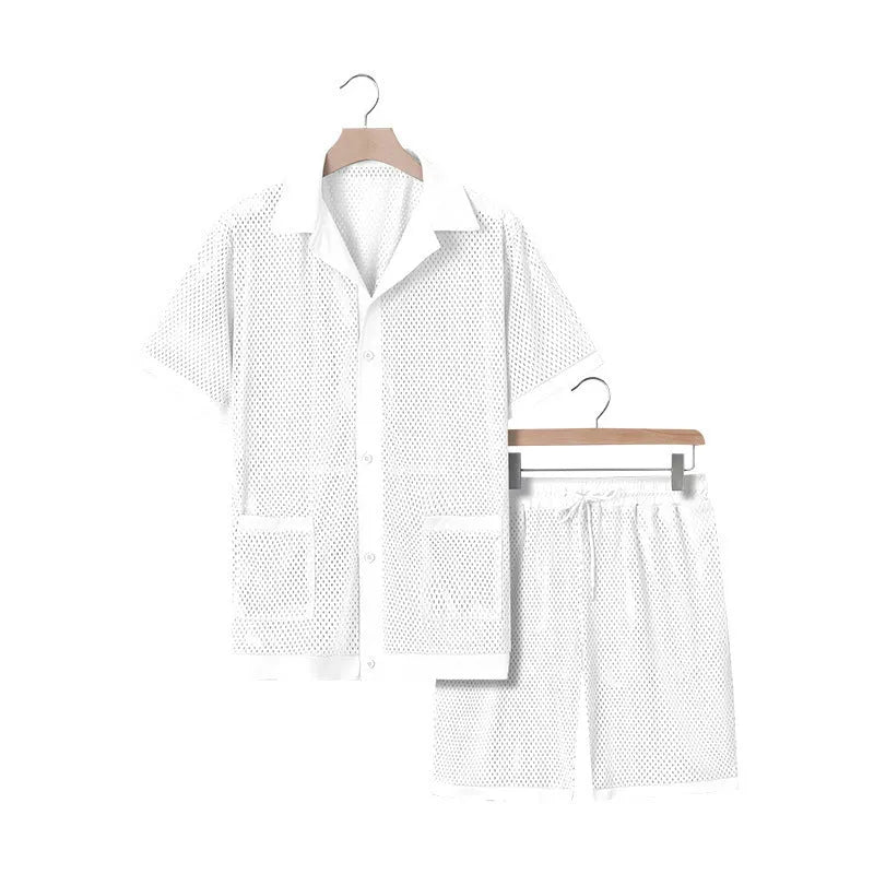 Women's see-through short sleeve cardigan and matching shorts set in Lake Blue for summer beach leisure