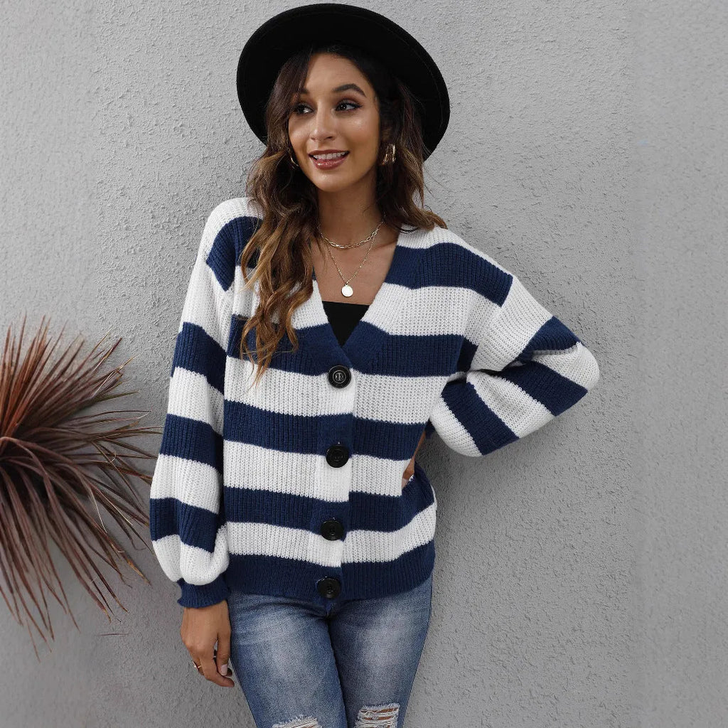 Women's striped Deer plush cardigan with button front and regular sleeves in dark green.