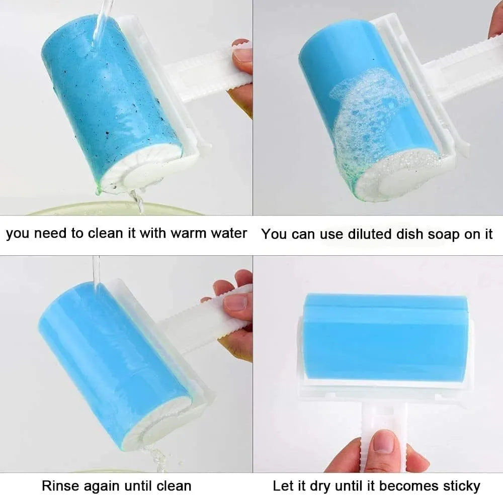 Blue reusable lint roller with cover for removing pet hair from fabrics