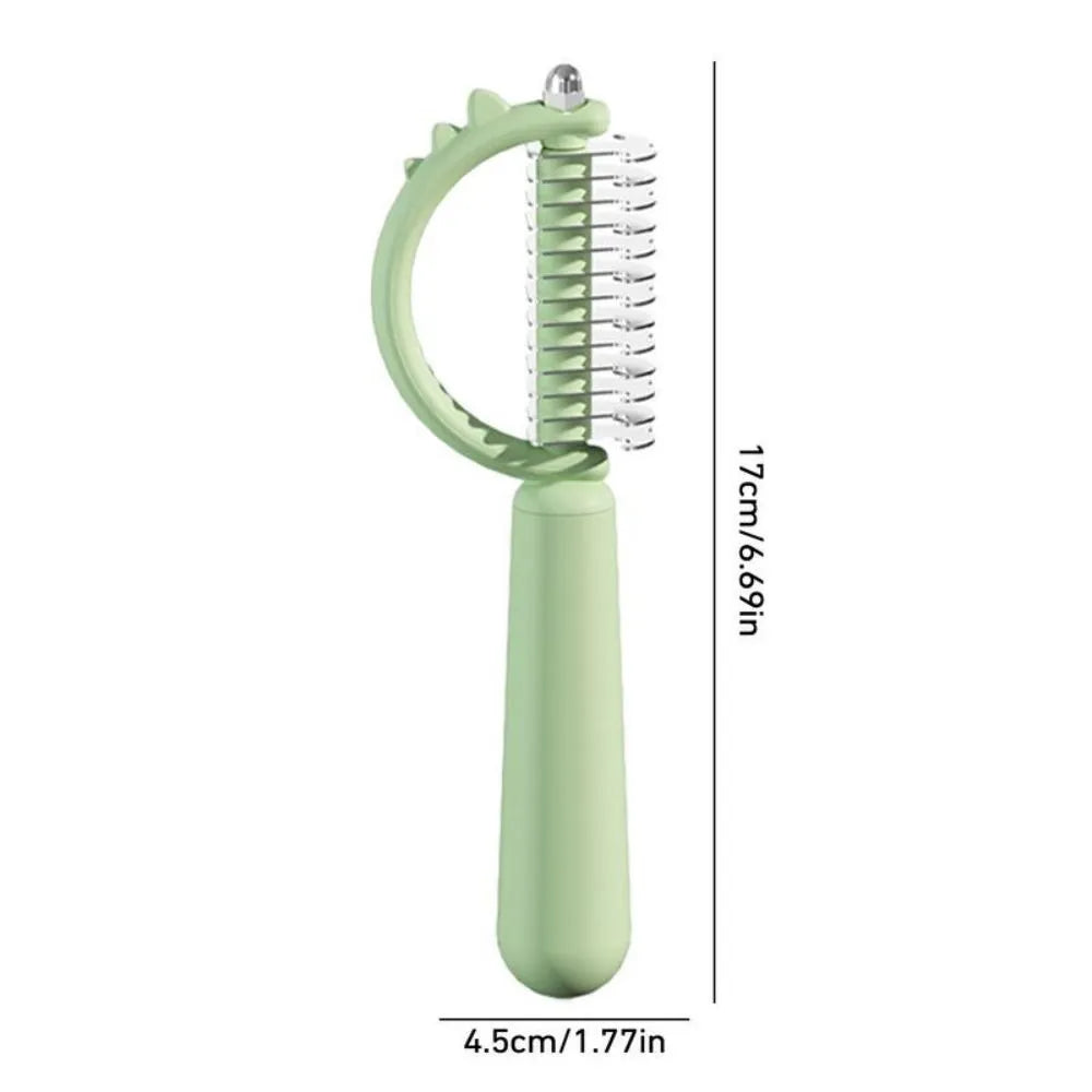 Self-cleaning cat brush with cute dinosaur shape, double-sided stainless steel pins, blue colour option