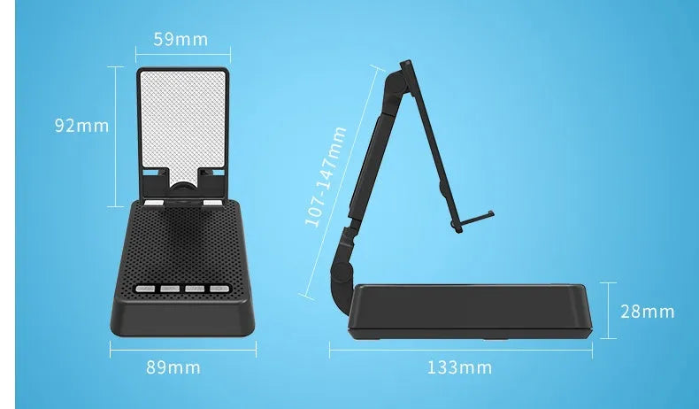 Black mobile phone broadcaster stand with Bluetooth speaker and microphone on a desk