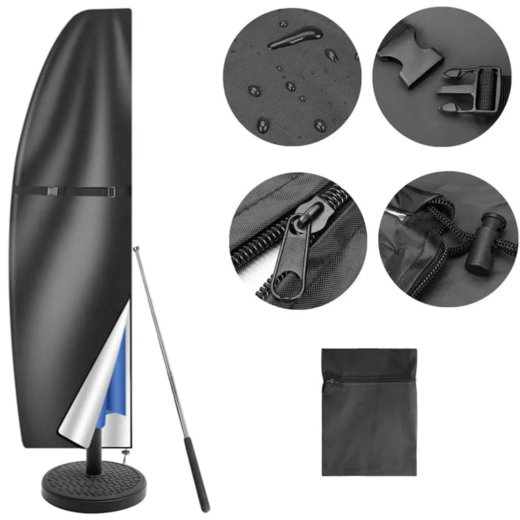Black Oxford cloth cover for banana-shaped outdoor umbrella showing simple design