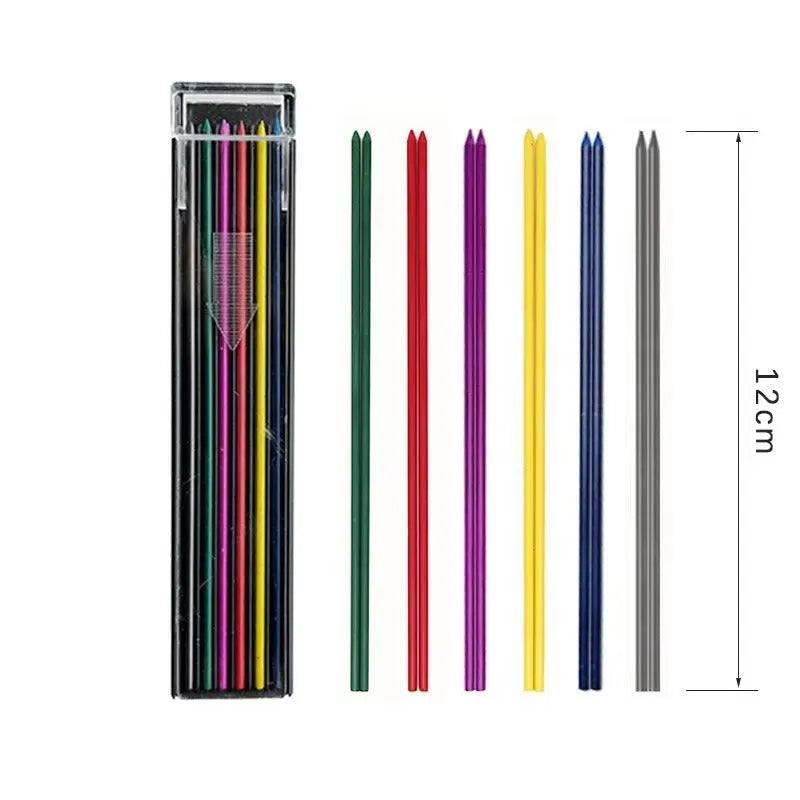 Box containing 12 coloured mechanical pencil lead refills for drawing, including black, blue, green, orange, purple, red, white, and yellow.