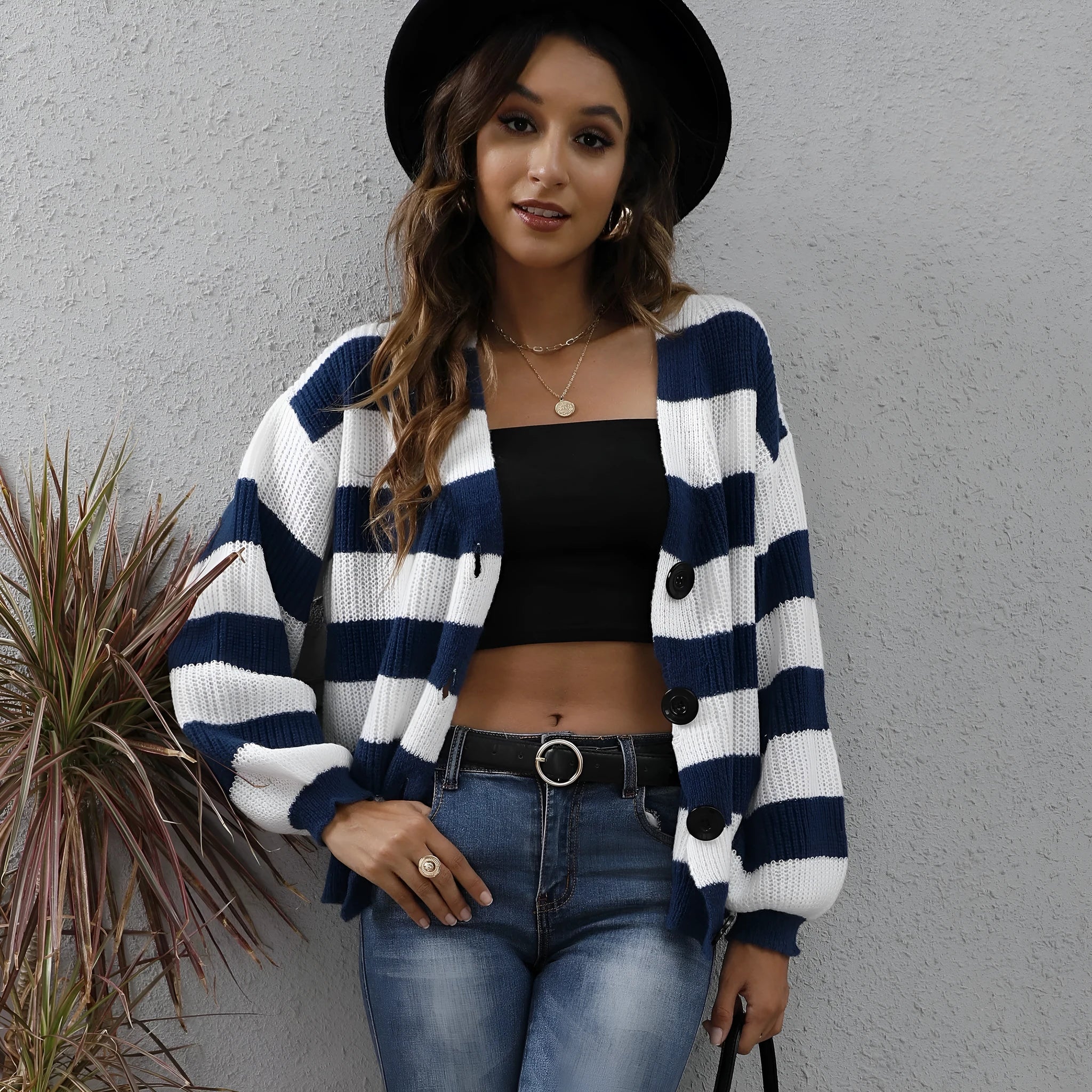 Women's striped Deer plush cardigan with button front and regular sleeves in dark green.