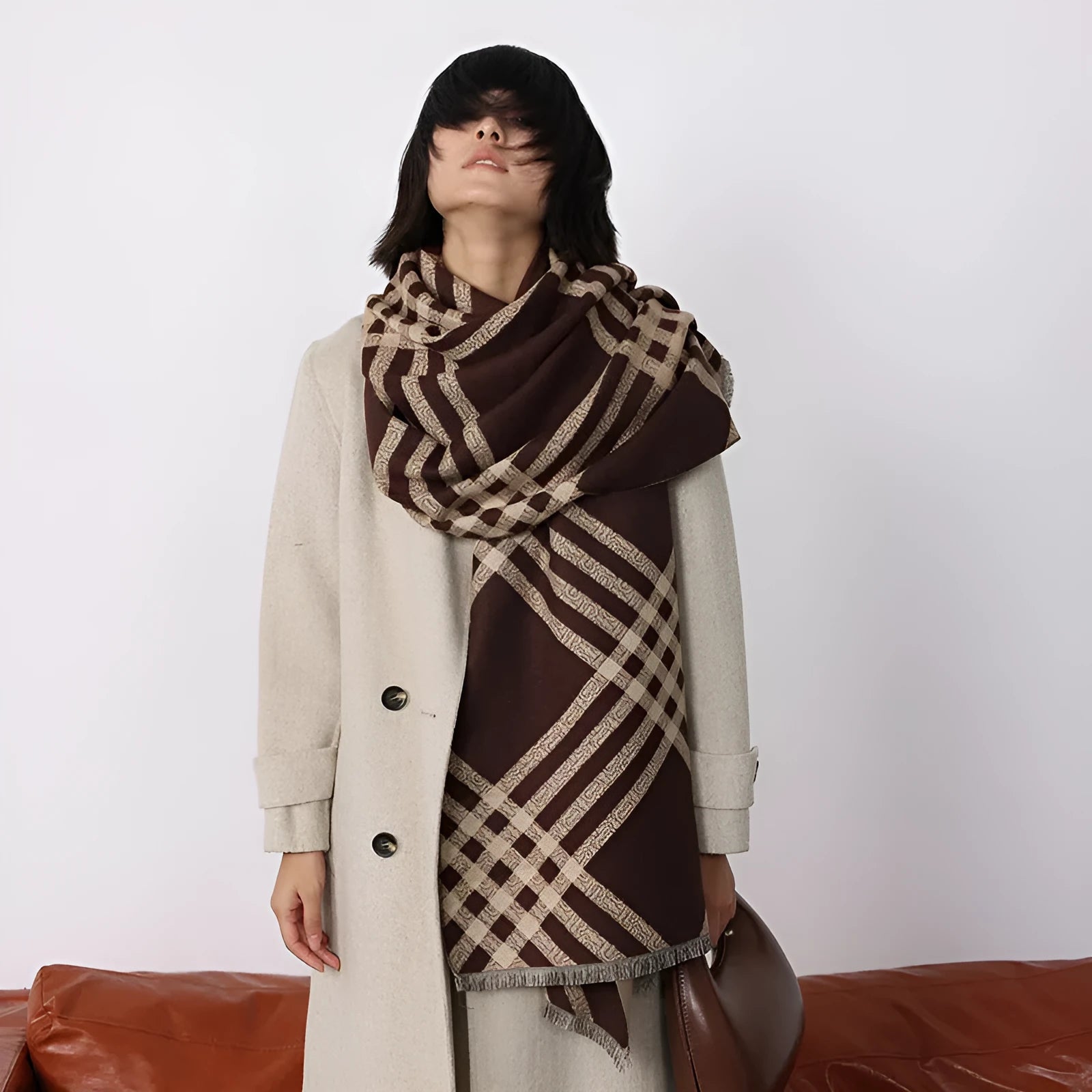 Qianjin imitation cashmere scarf 185x65cm with tassels in brown, black, black camel, and khaki colours