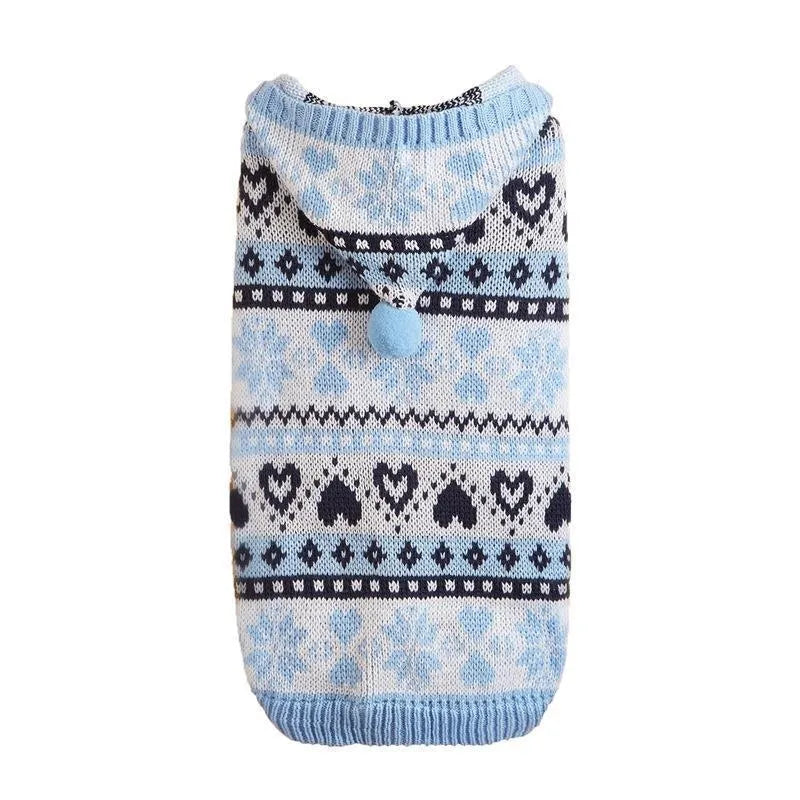 Knitted dog sweater with snowflake pattern and striped camouflage design in acrylic material